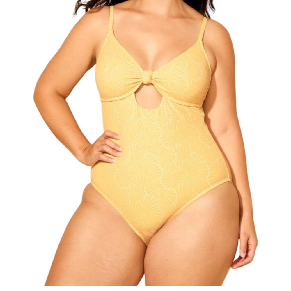 Shade & Shore Yellow Jacquard Knot Front One Piece Swimsuit L